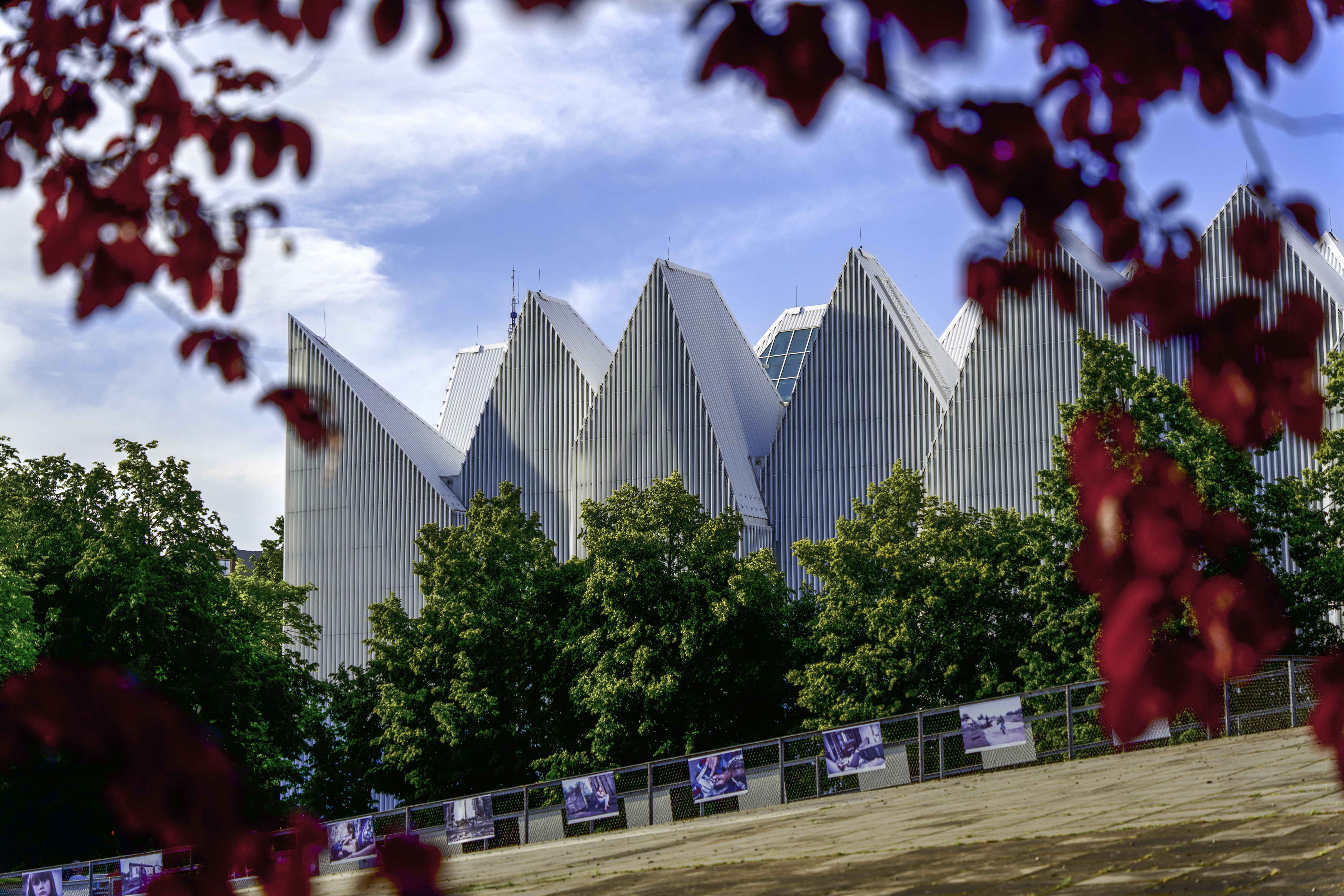La structure blanche de la Philharmonie de Szczecin, encadrée de feuilles rouges, avec en arrière-plan le ciel et les arbres verts de la ville.