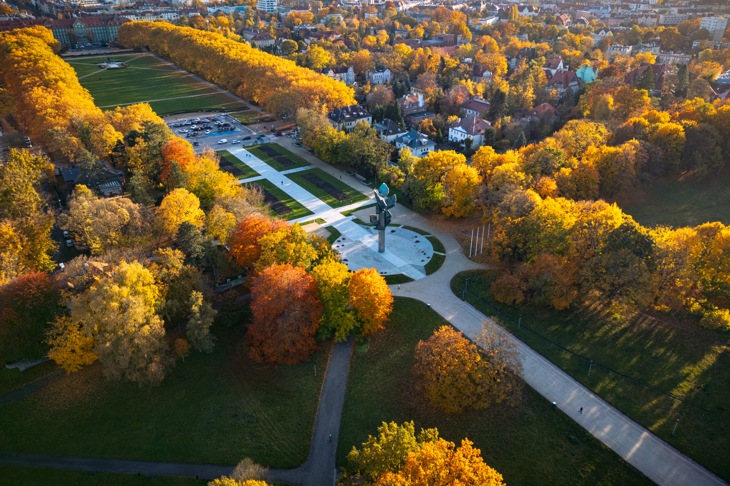Kasprowicz Park in Szczecin, drone view of the square with the Monument to the Deeds of Poles.