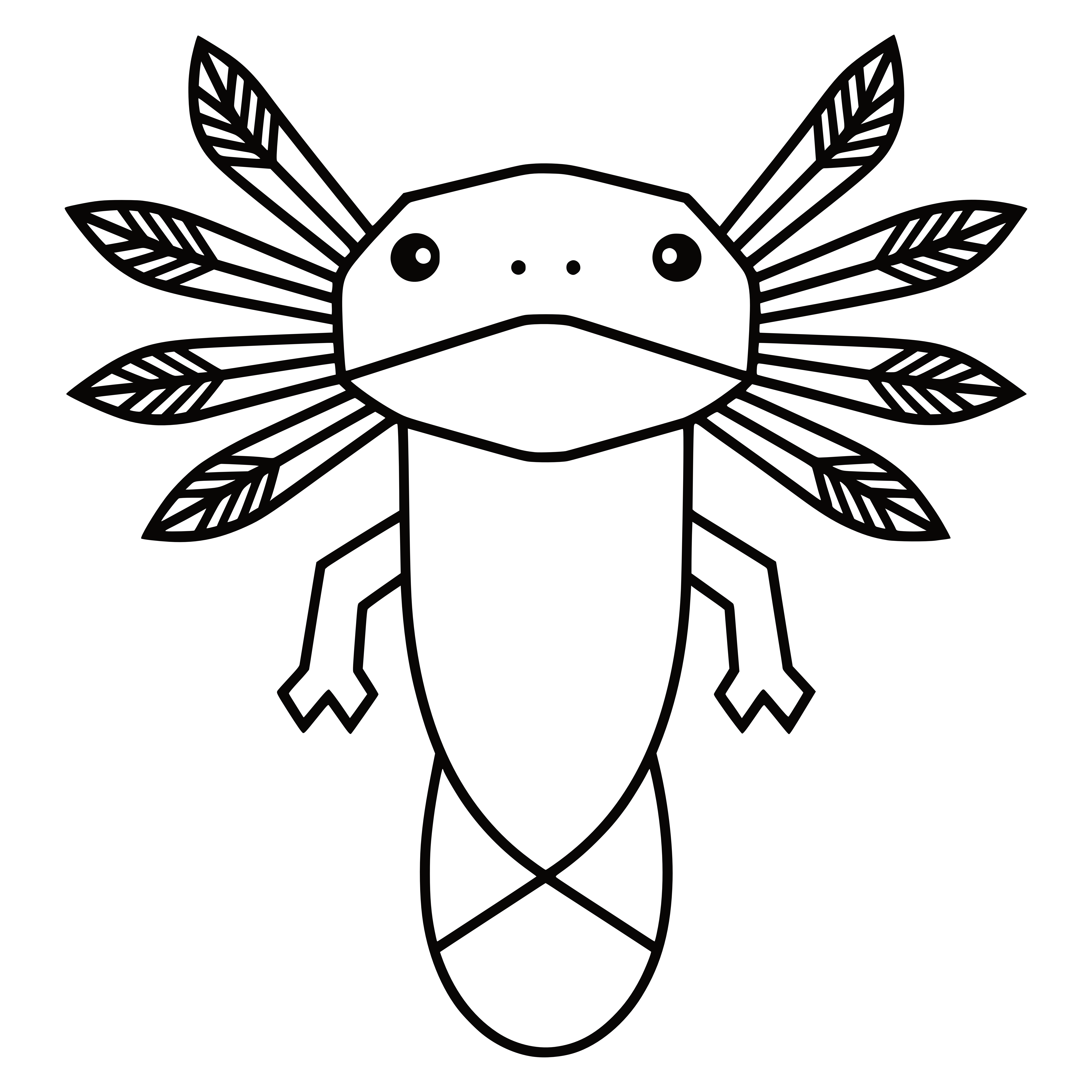 Axolotl géométrique dessiné avec des lignes noires et des branchies symétriques en forme de feuilles — graphisme minimaliste inspiré du dessin au trait.