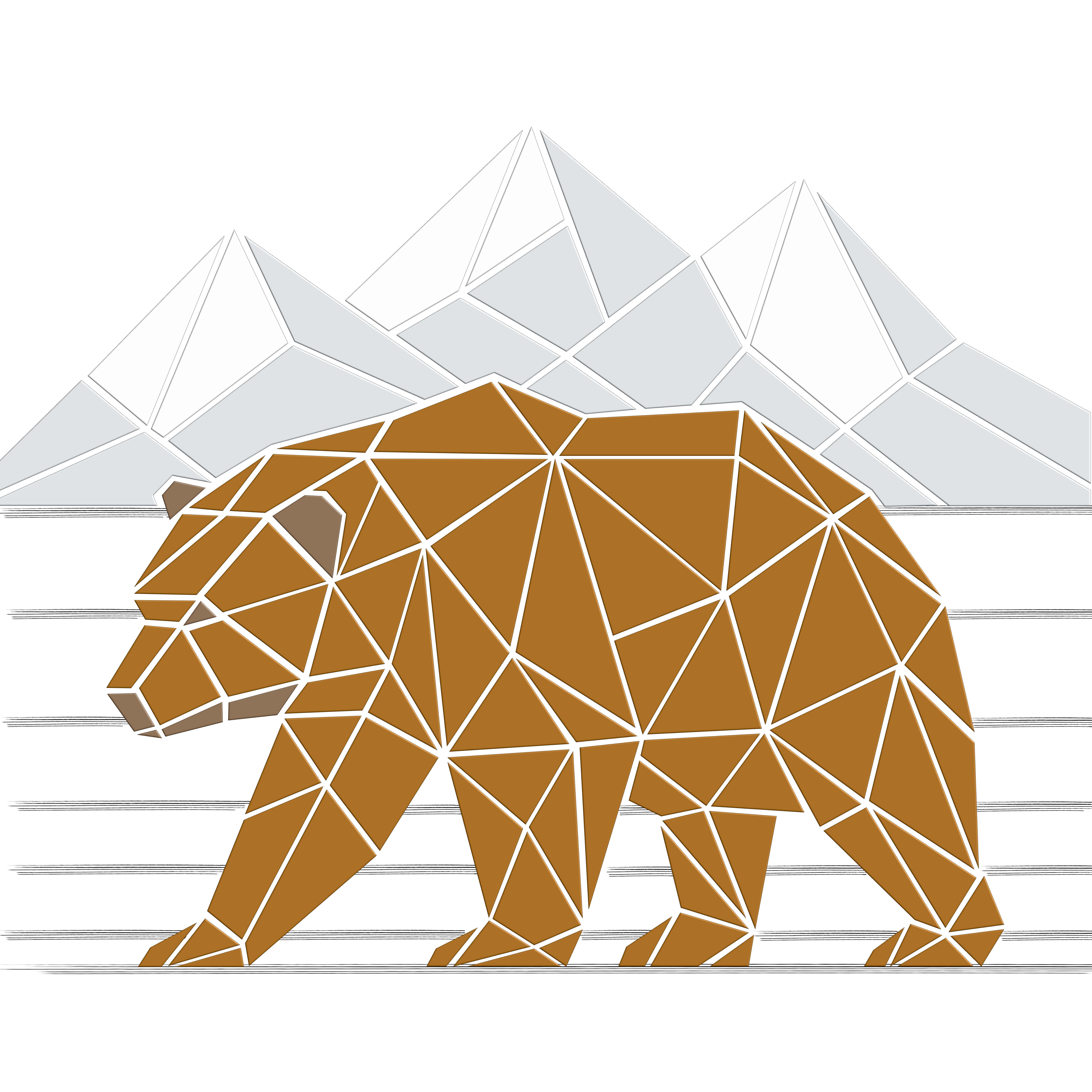 Un ours composé de triangles géométriques bruns sur fond de montagnes stylisées — graphismes low poly sur le thème de la nature.
