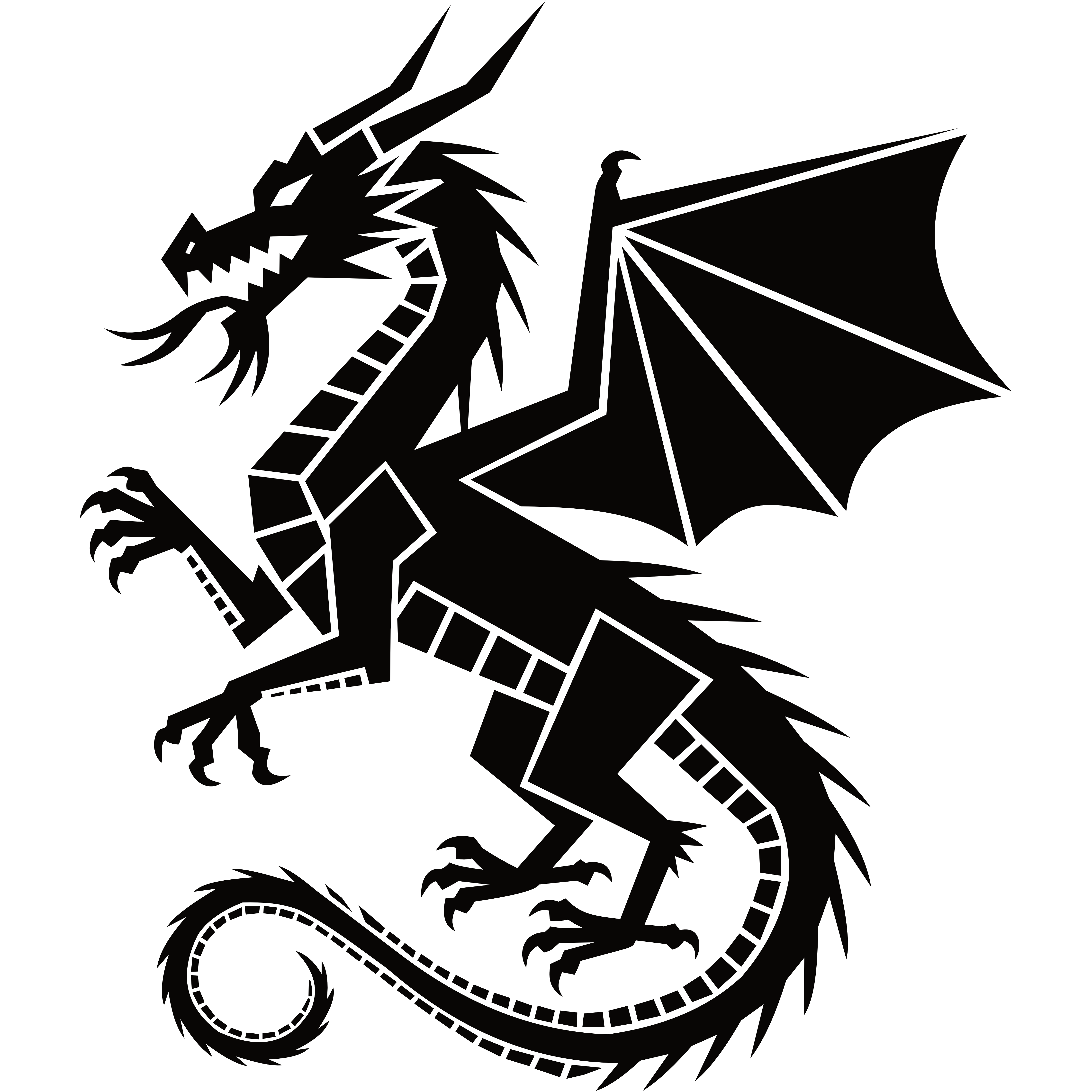 Graphisme en noir et blanc représentant un dragon aux formes géométriques acérées et à la queue en zigzag — une composition dynamique inspirée des styles tribaux et polygonaux.