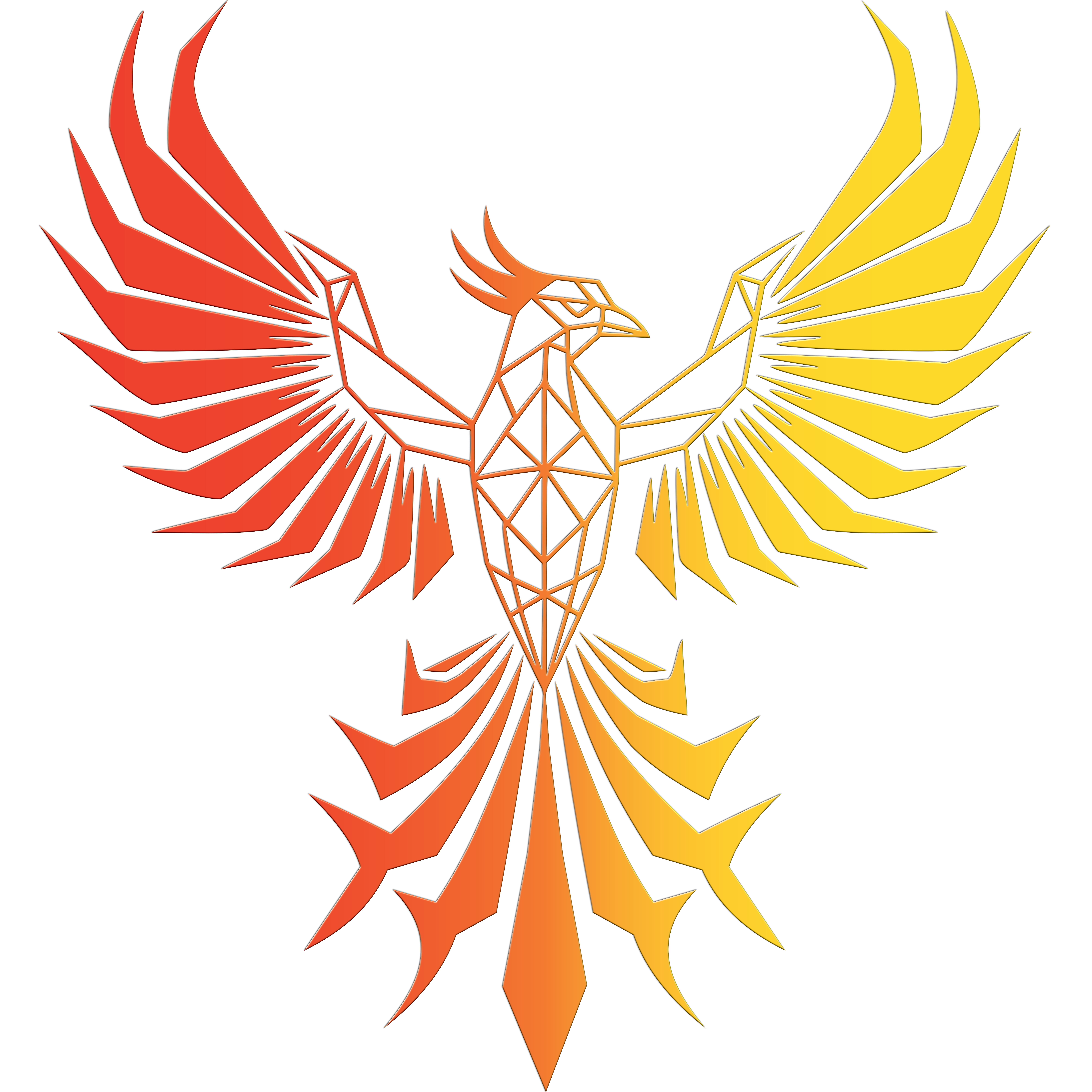 Un phénix au corps géométrique et aux ailes déployées, dans des couleurs allant du rouge au jaune — symbole de renaissance et de force, dans un style polygonal dégradé.