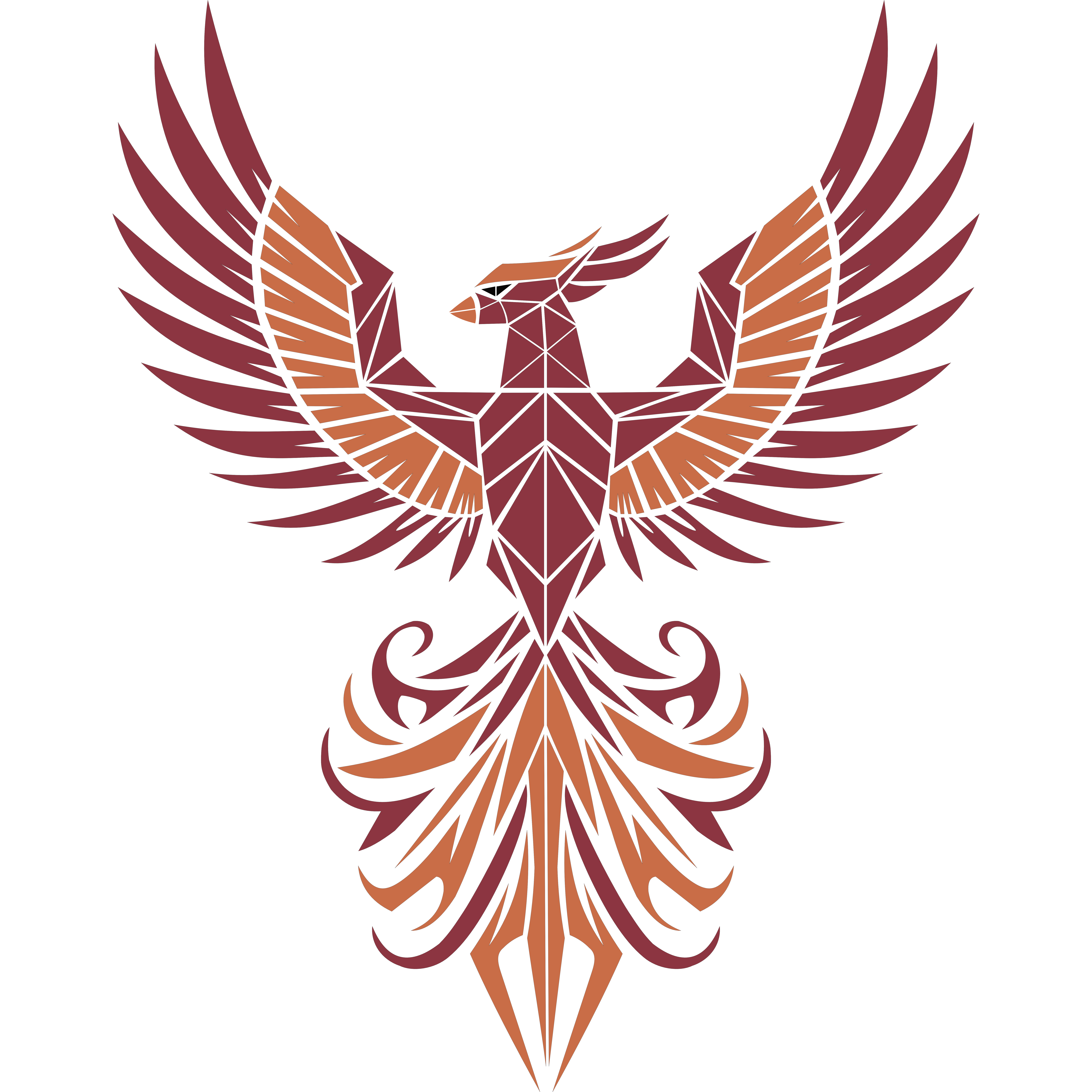 Un phénix dont la silhouette est composée de segments géométriques et dont la queue décorative arbore des nuances bordeaux et cuivrées — symbole de force, de transformation et d'élégance.
