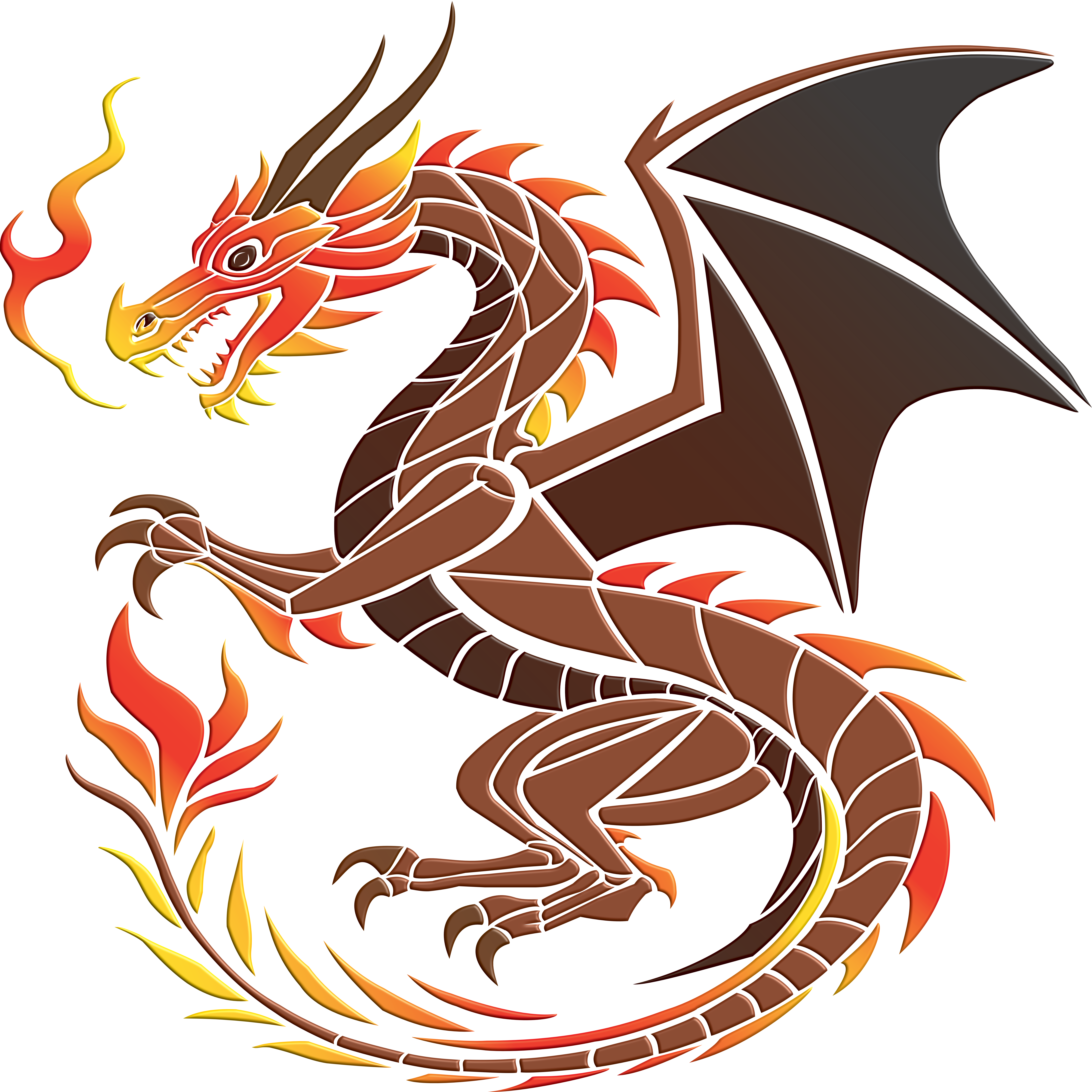 Un dragon fougueux dans une pose dynamique, représenté par un dessin au trait avec un dégradé de couleurs allant du rouge au jaune — graphisme stylisé avec des flammes et des ailes de style oriental.