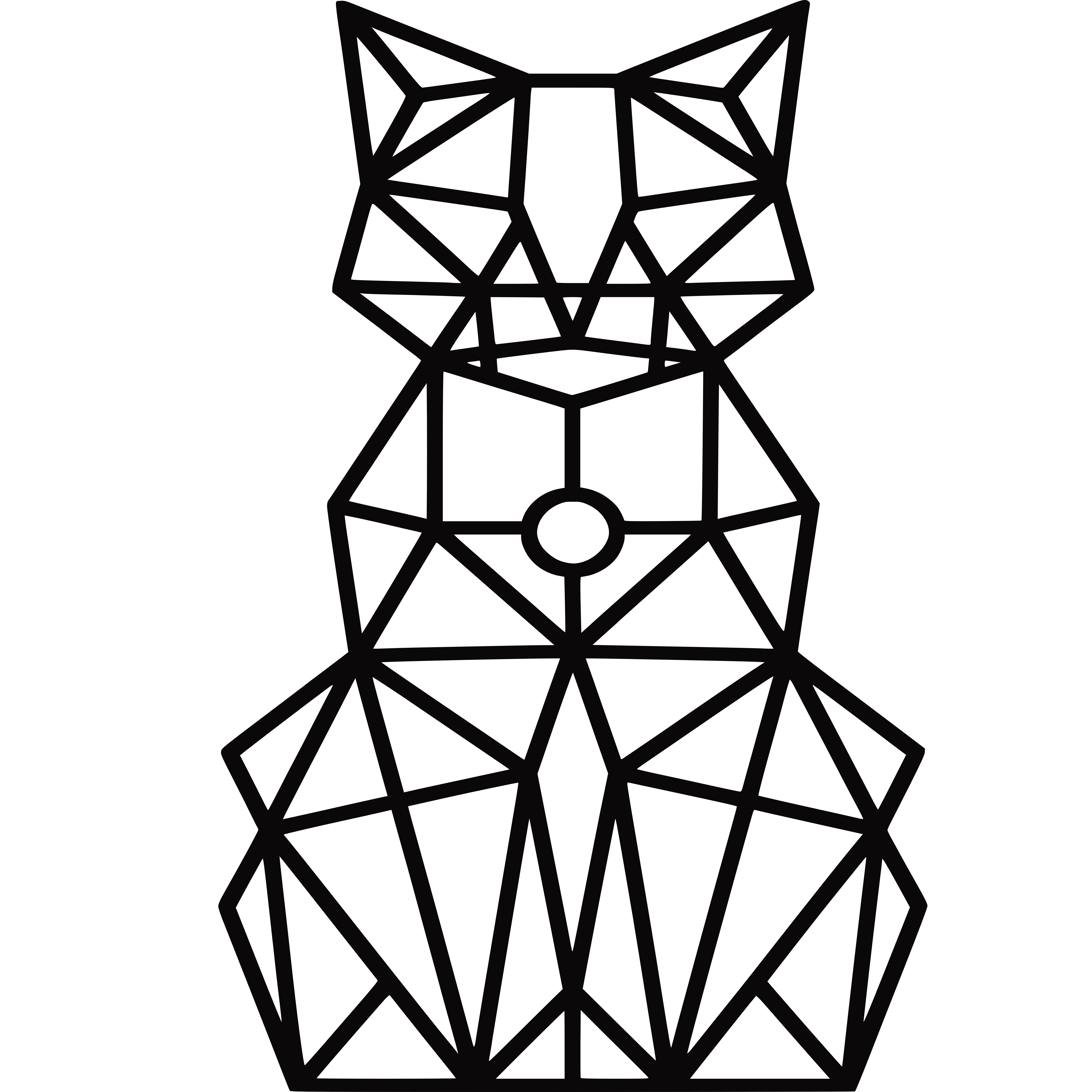 Un chat composé de segments triangulaires noirs à la structure symétrique — graphisme géométrique minimaliste avec un cercle central sur la poitrine.