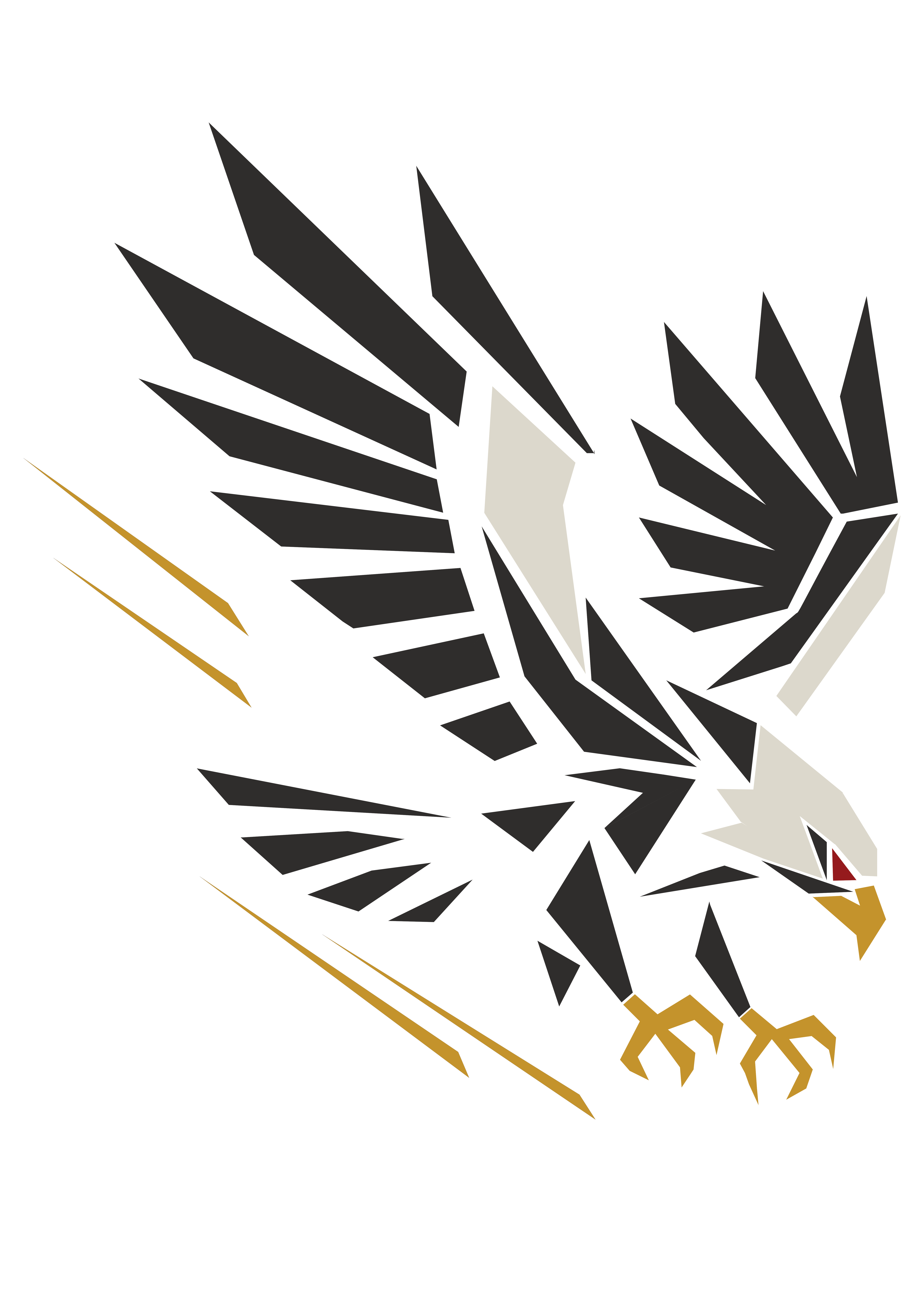 Un aigle géométrique en plein vol, avec des segments noirs et blancs et des serres dorées — une composition dynamique aux lignes nettes et au rythme triangulaire.