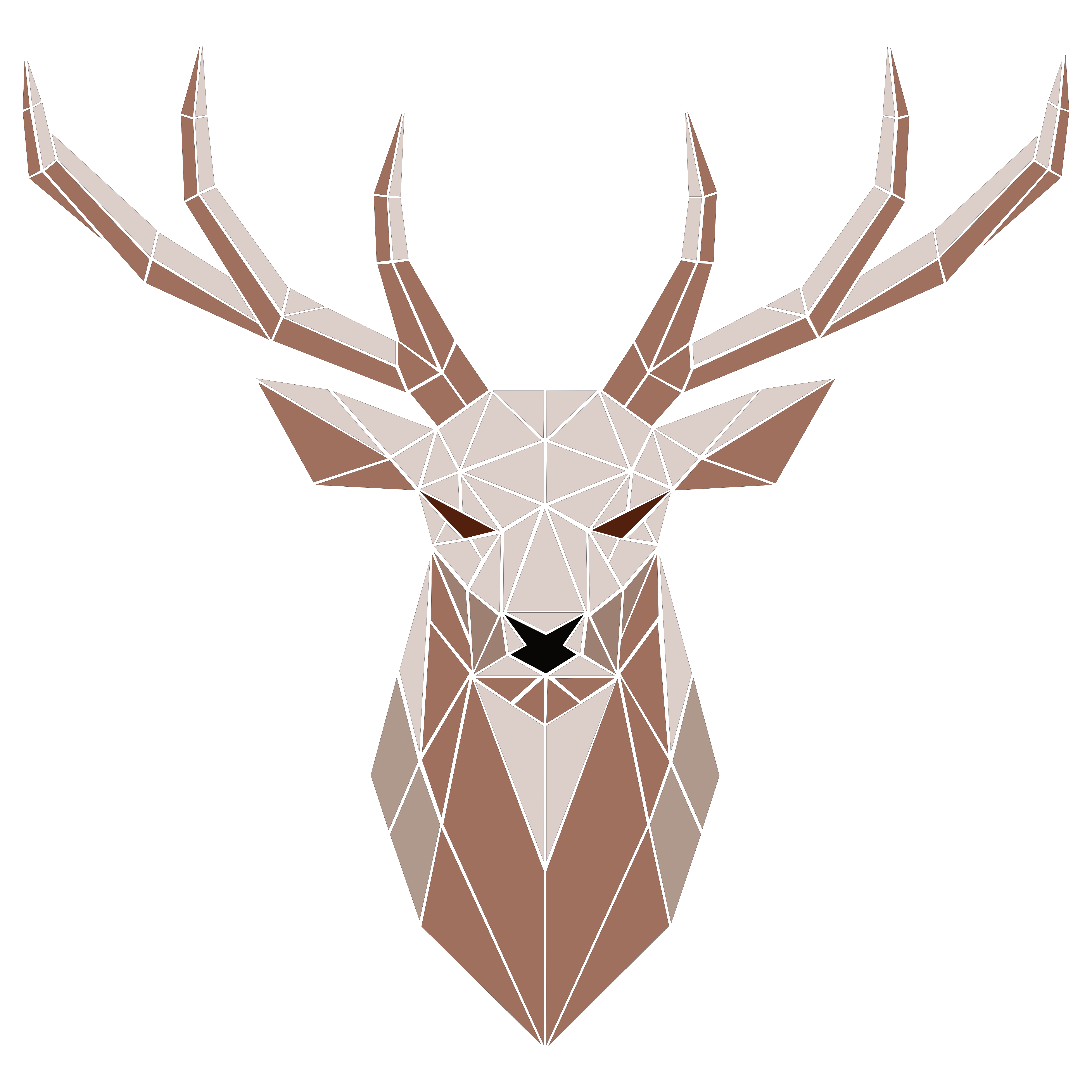 Une tête de cerf stylisée avec des bois déployés, construite à partir de segments triangulaires dans des tons bruns — graphismes géométriques symétriques dans un style low poly.