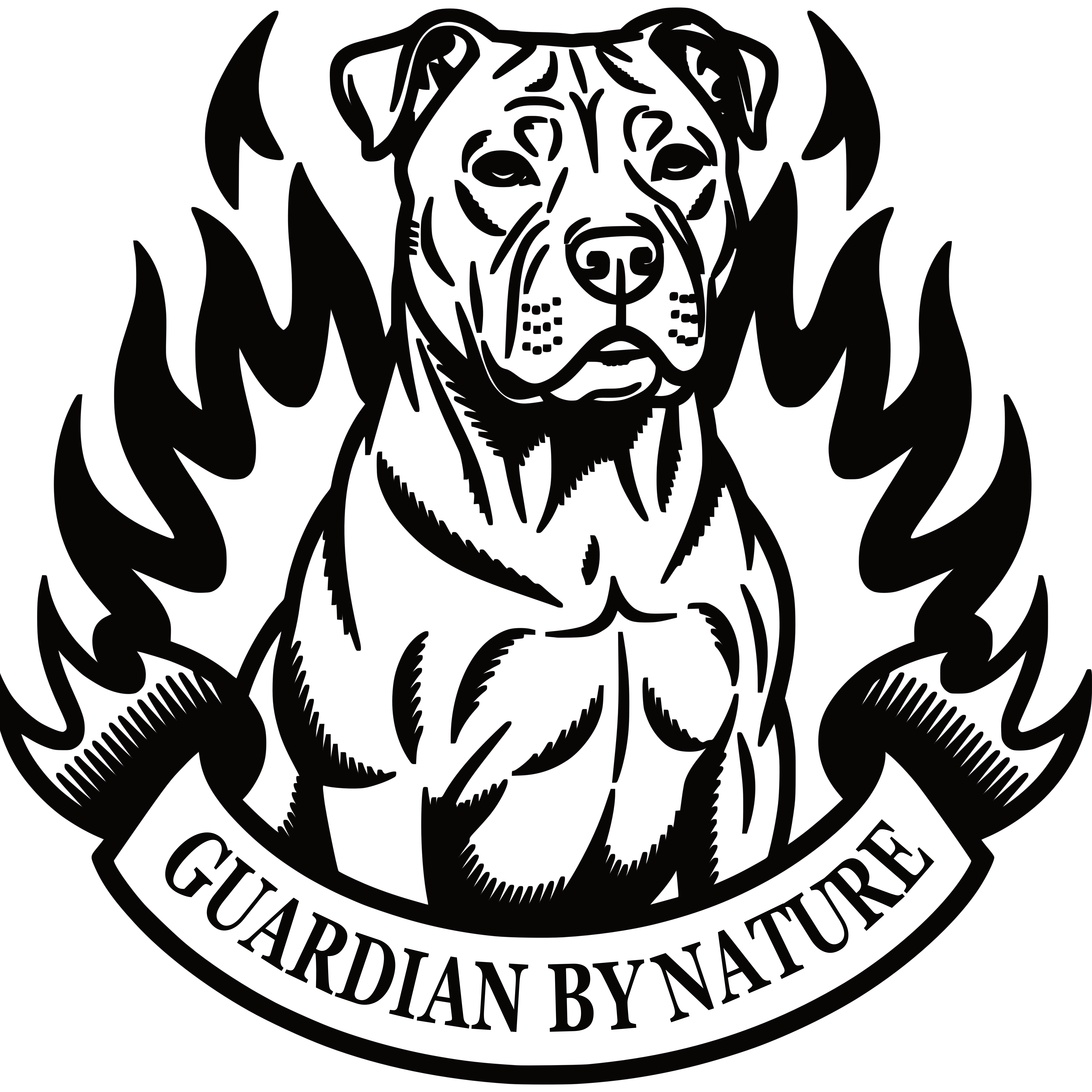 Image stylisée d'un American Staffordshire Terrier entouré de flammes et d'un ruban portant l'inscription « Guardian by Nature » (gardien par nature) – graphisme de style tatouage.