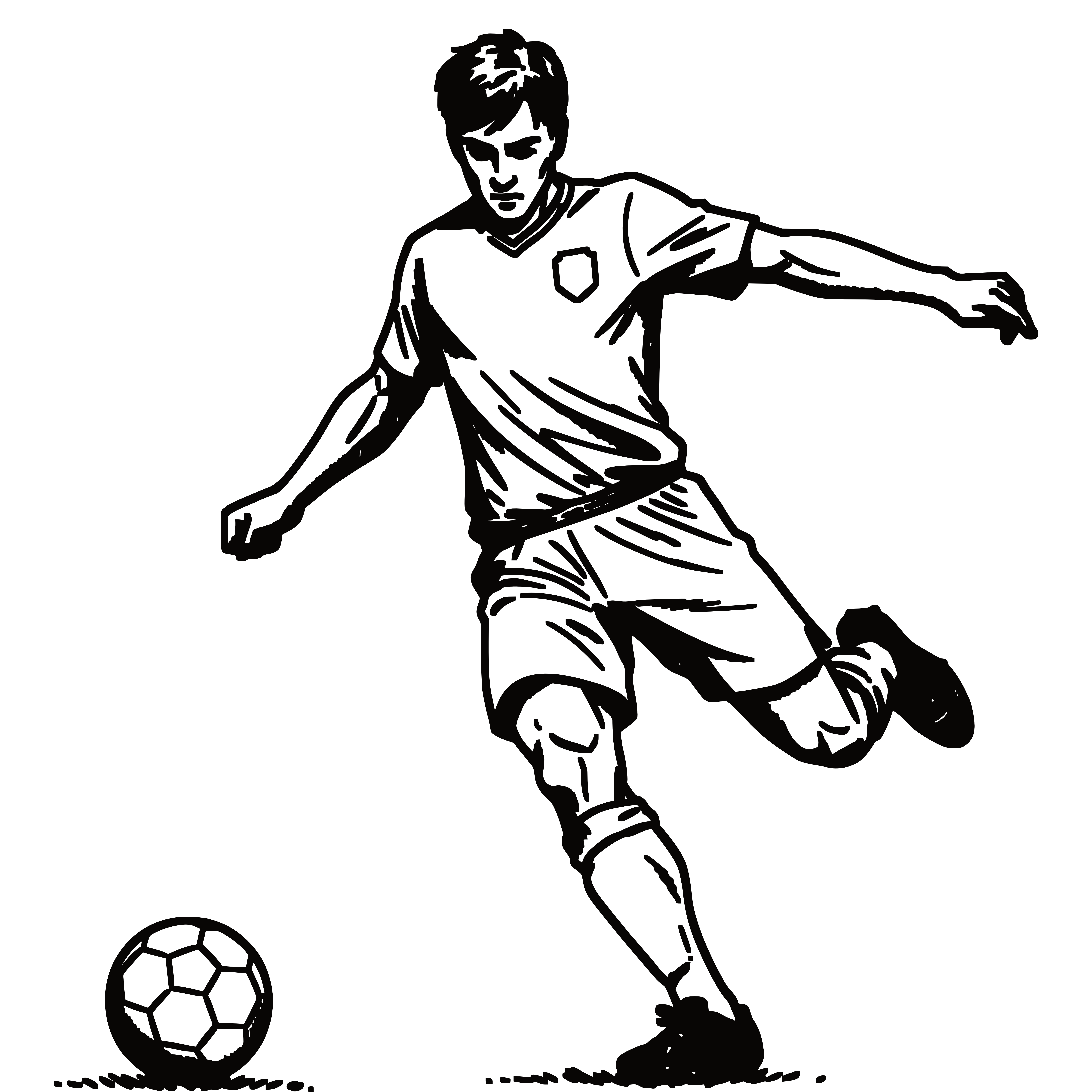 Illustration dynamique d'un footballeur frappant un ballon — graphisme en noir et blanc dans le style d'un tatouage sportif avec des lignes de mouvement nettes.