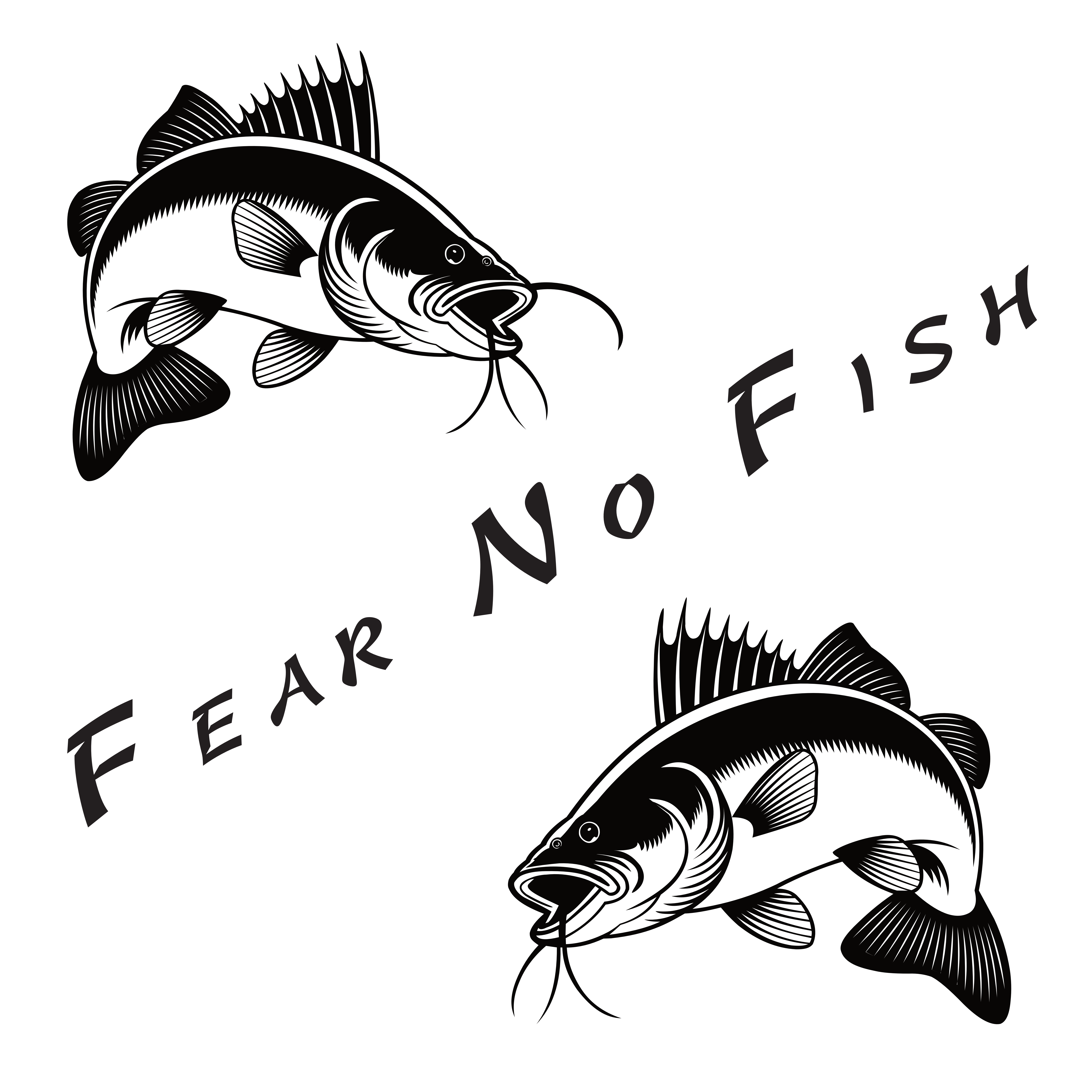 Graphique représentant deux poissons prédateurs aux dents acérées et l'inscription « Fear No Fish » (N'ayez crainte d'aucun poisson) dans une composition arquée, dans le style d'un tatouage de pêcheur.