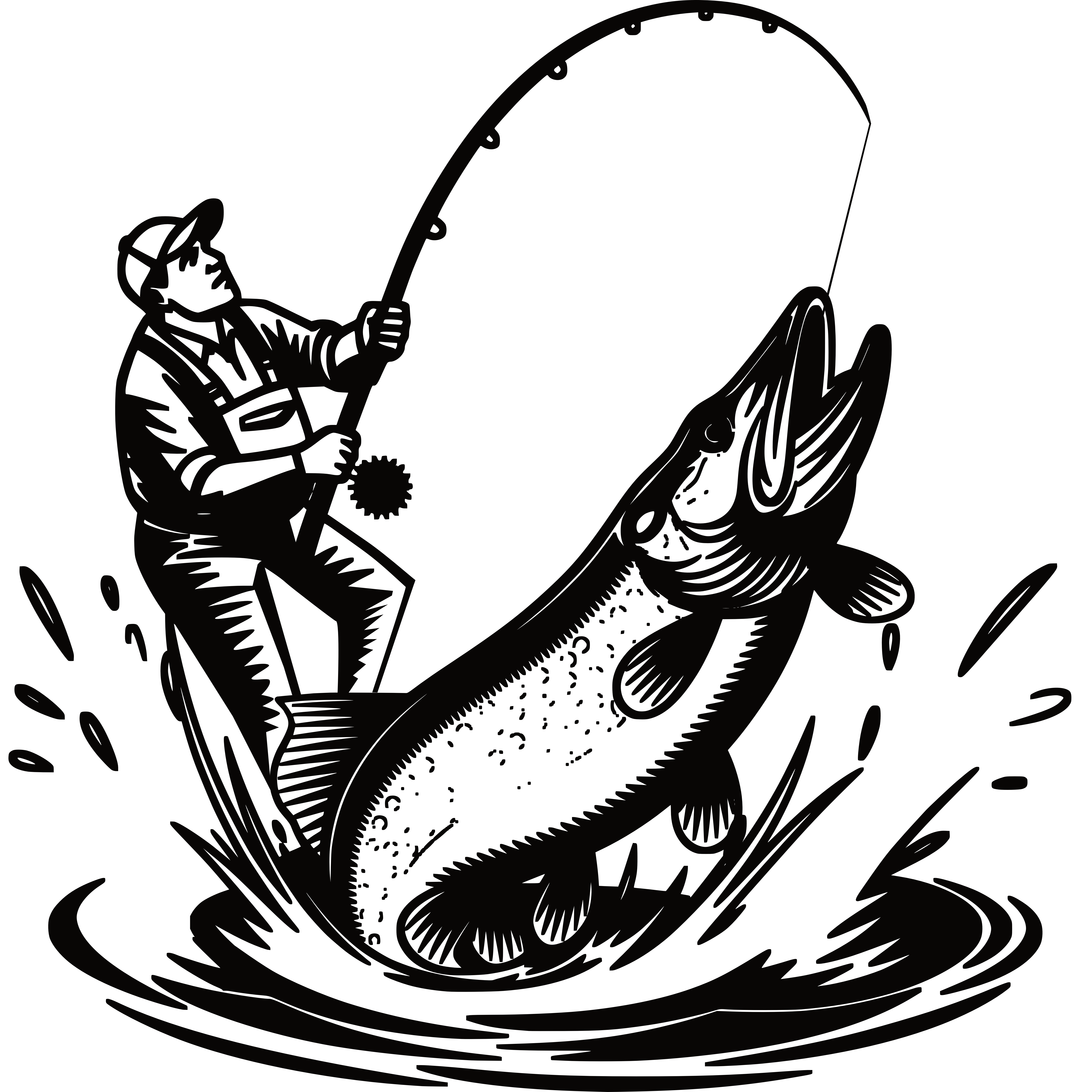 Un graphisme de style tatouage représentant un pêcheur ramenant un énorme brochet bondissant hors de l'eau — une scène dynamique avec un contraste et un mouvement prononcés.