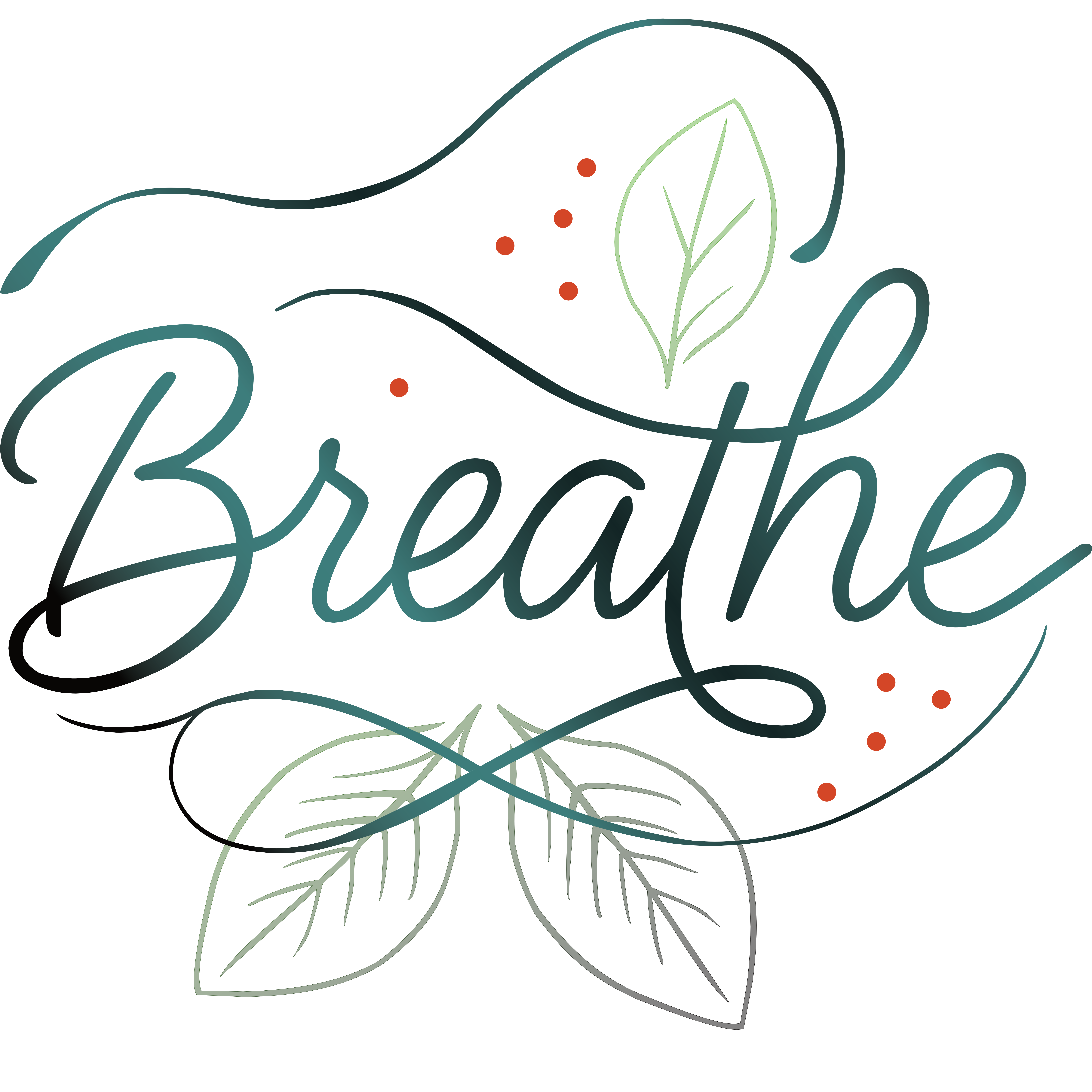 L'inscription calligraphique « Breathe » (Respire) entourée de feuilles et de points délicats — un graphisme minimaliste véhiculant un message de calme et de pleine conscience.