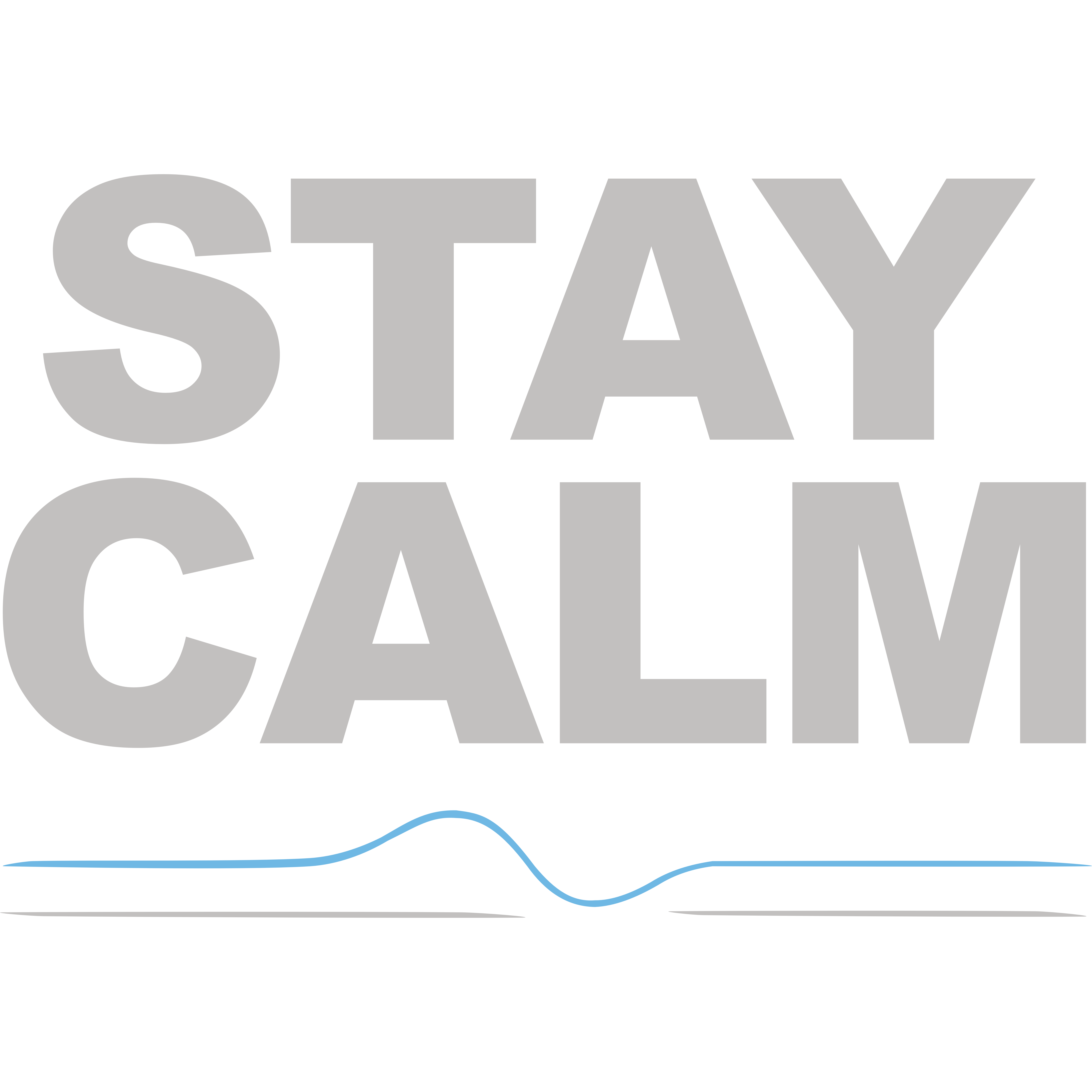 Les mots « STAY CALM » (restez calme) en gris, accompagnés d'une ligne évoquant une vague calme : un message minimaliste d'équilibre et de sérénité.